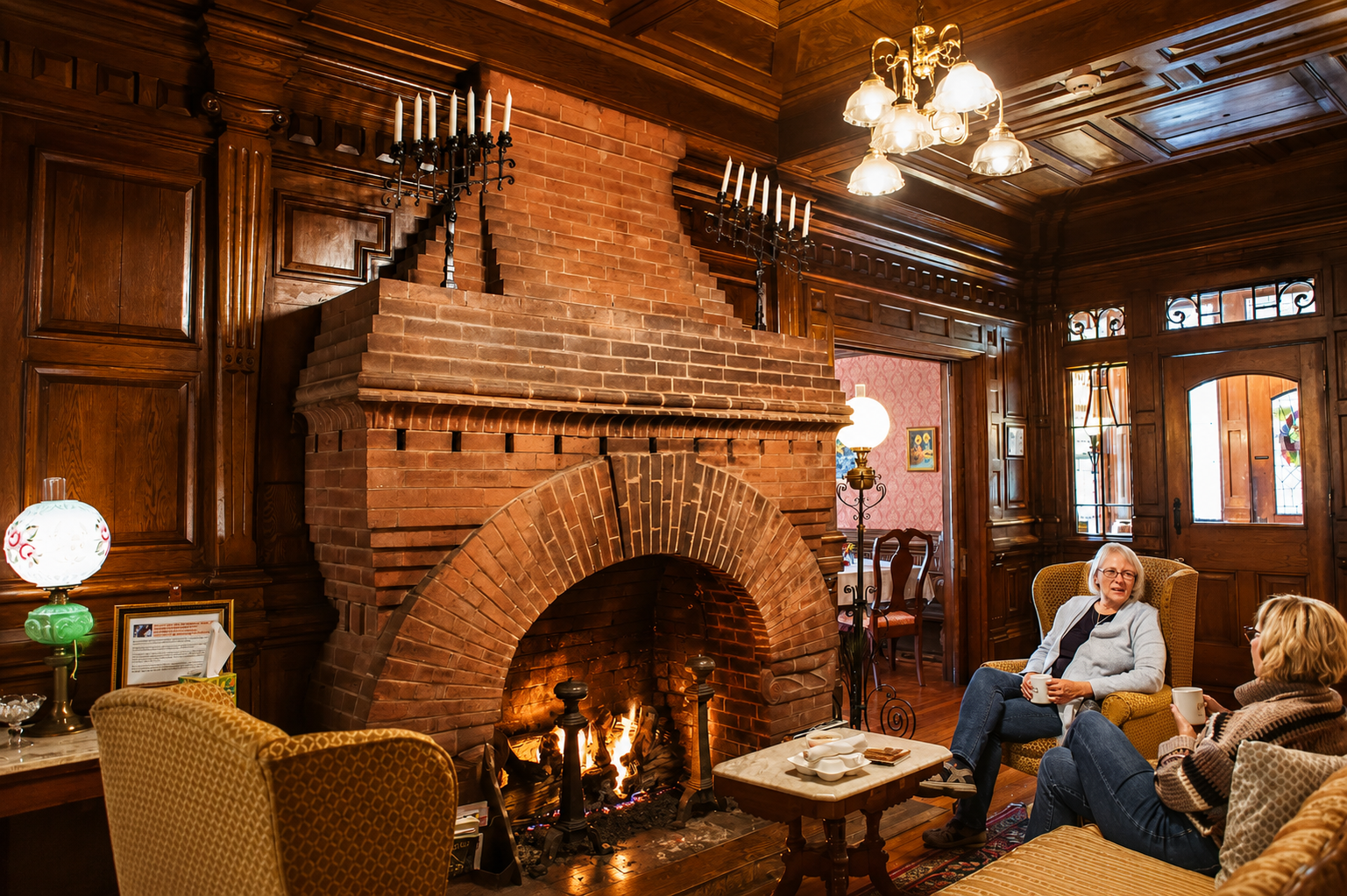 People relaxing in Cedar Crest Inn Historic 1891 Interior with Fireplace